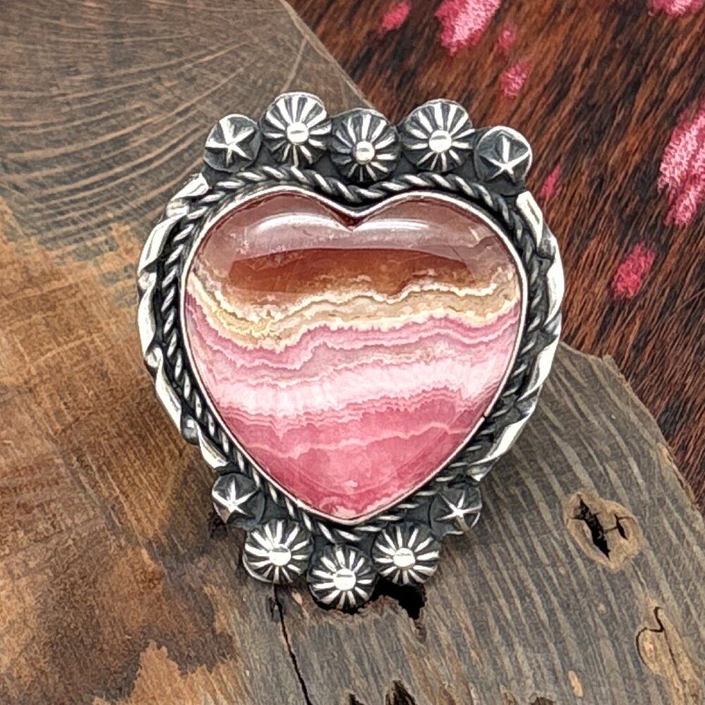 ROSELLA PAXTON Navajo Sterling Rhodochrosite Heart Ring Two Starshots Size 7.25